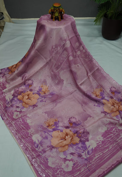 Matka Tussar Saree – Purple Floral Print with Scallop Border