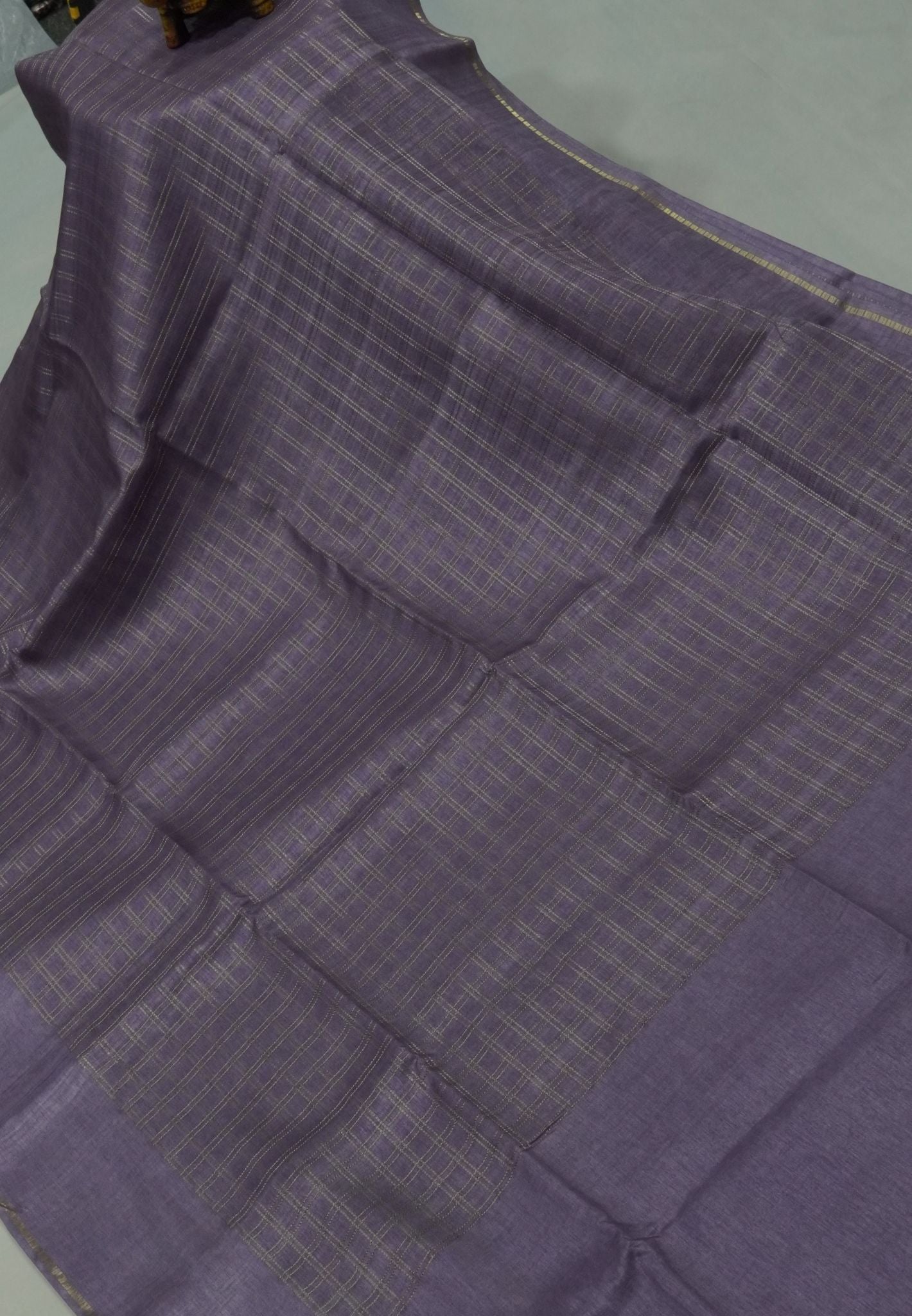 Matka Tussar Saree-Lavender with Zari Checks
