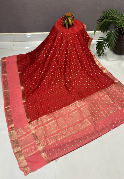 Banarasi Tussar Saree-Red in Retpet Zari Border