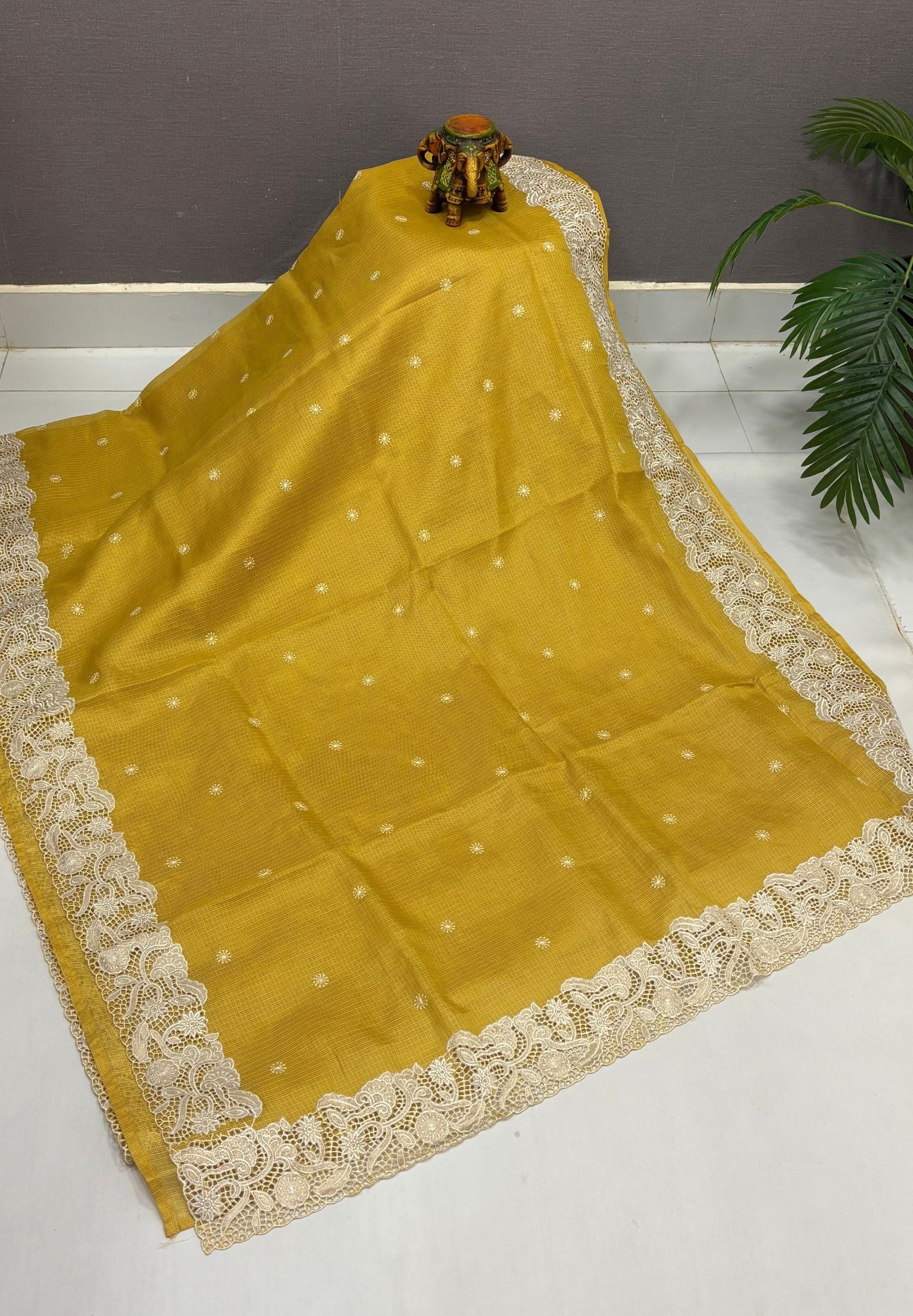 Kota Saree-Mustard Yellow In Floral Jaali Lace Border