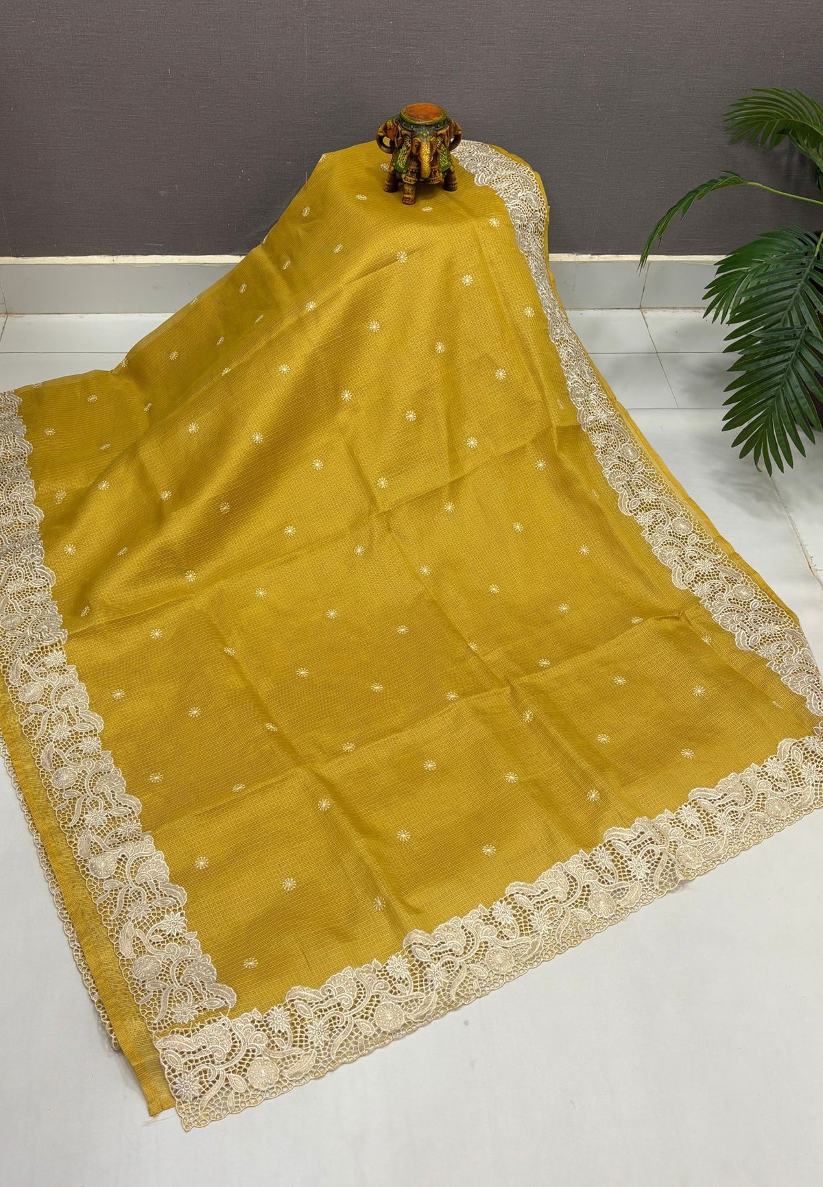 Kota Saree-Mustard Yellow In Floral Jaali Lace Border