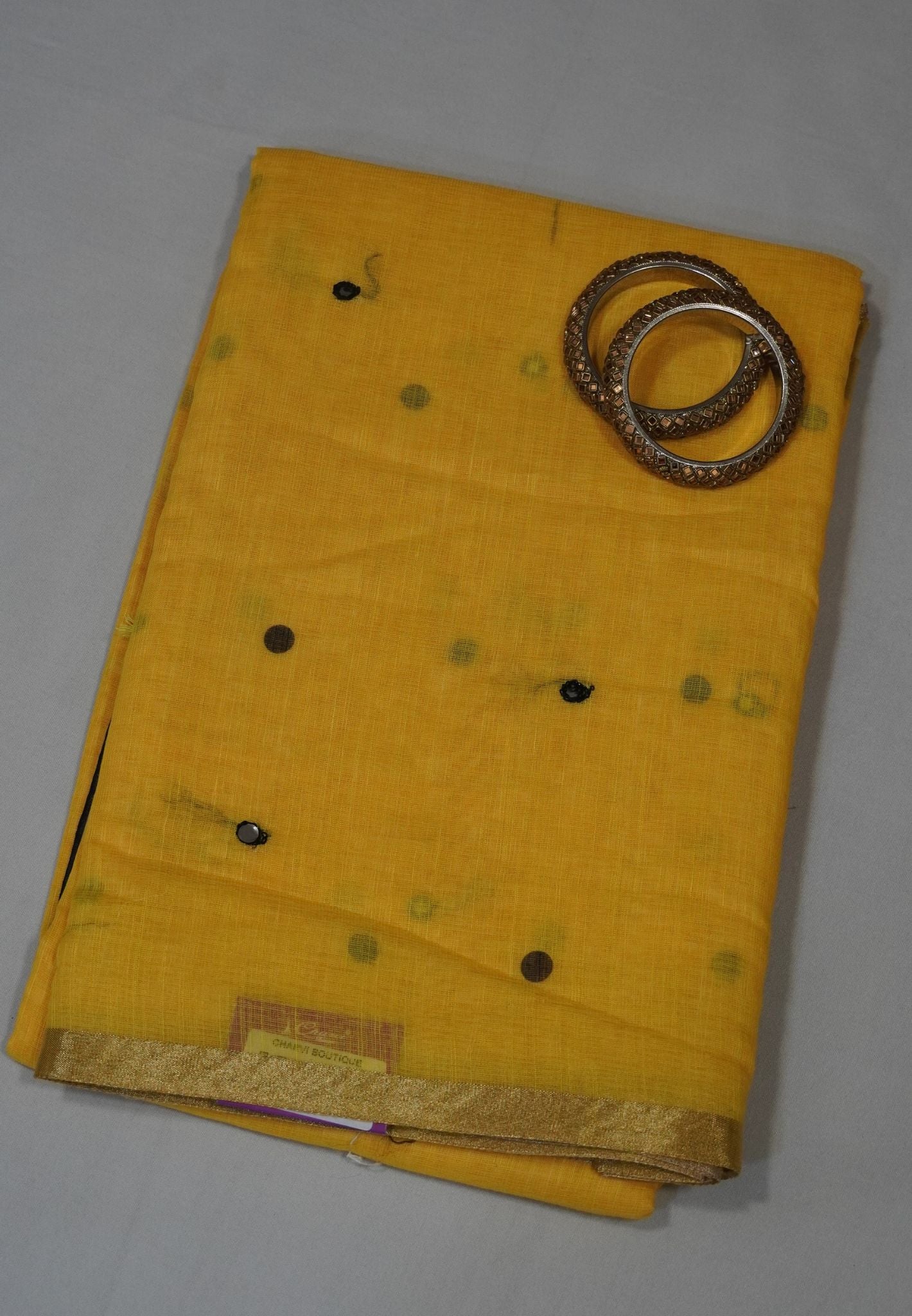 Linen Saree - Yellow with Mirror Work