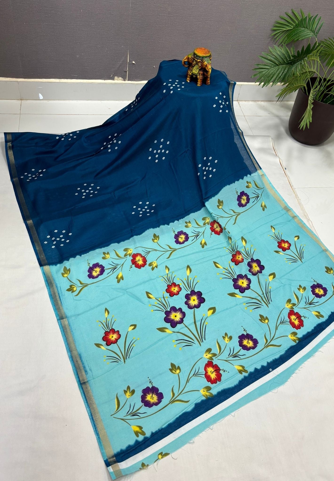 Malai Cotton Saree - Peacock Blue with Bandhini Print