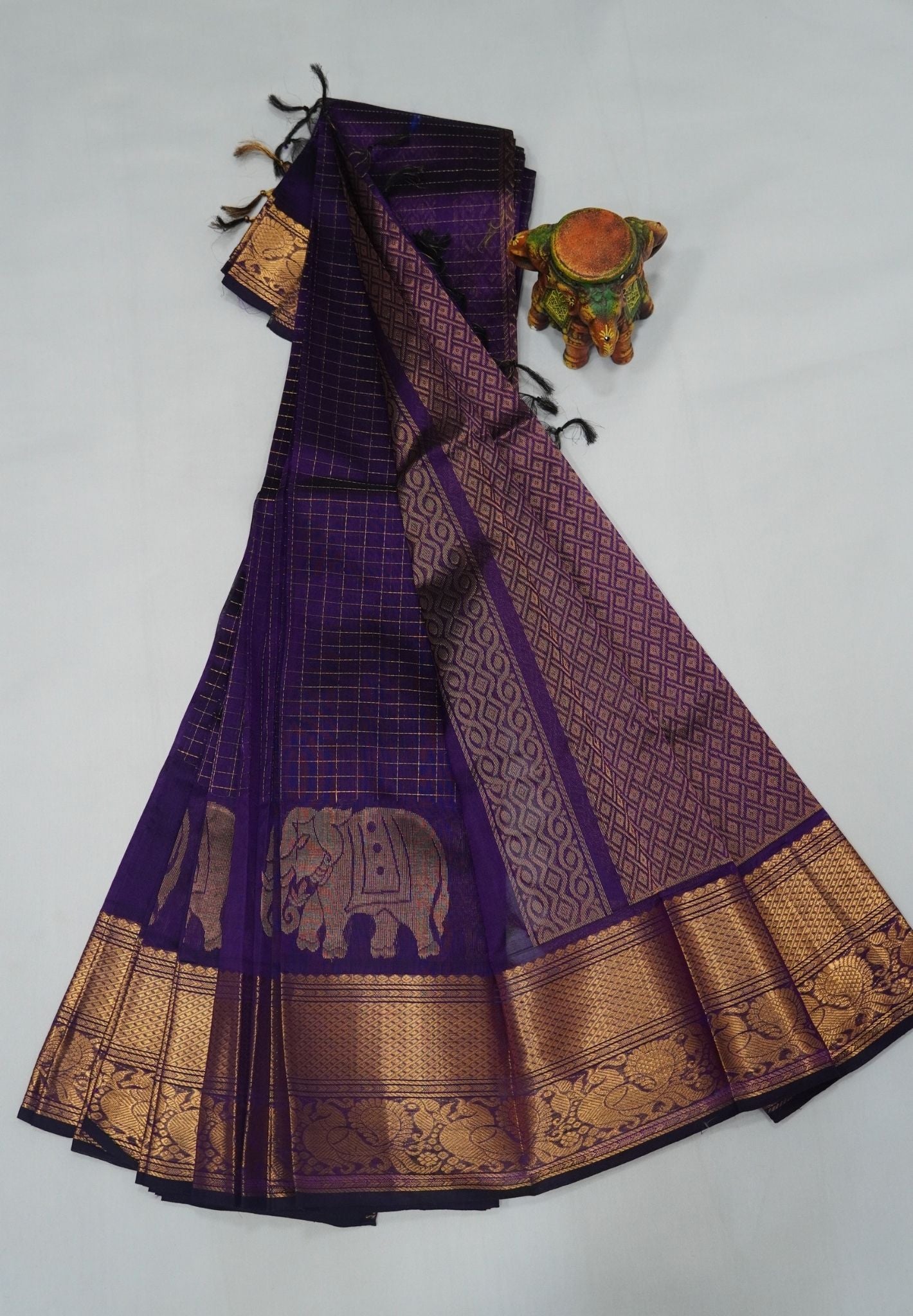 Pure Silk Cotton Saree-Dark Purple in Elephant Motifs with Zari Border