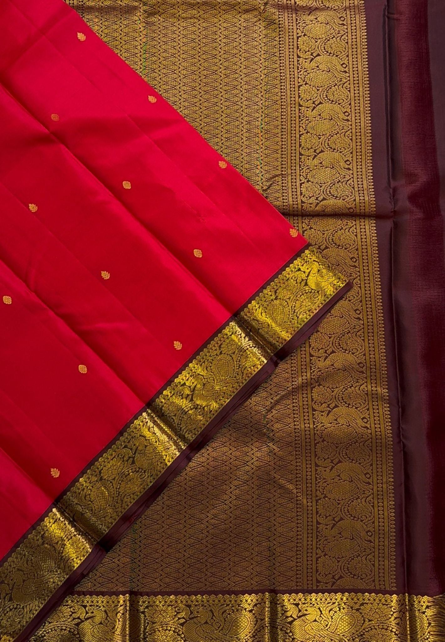 Pure Korvai Kanchipuram Silk Saree – Red with Maroon Annapakshi Border