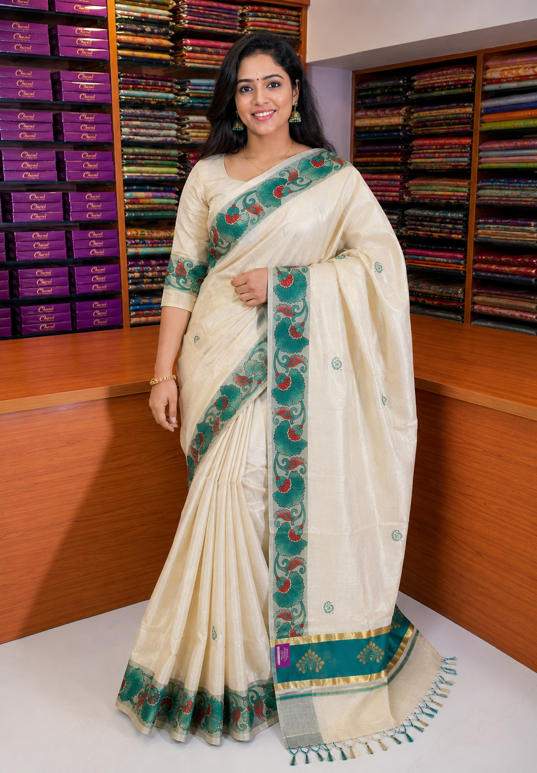 Tissue Silk Saree-Sandal with Kalamkari Border