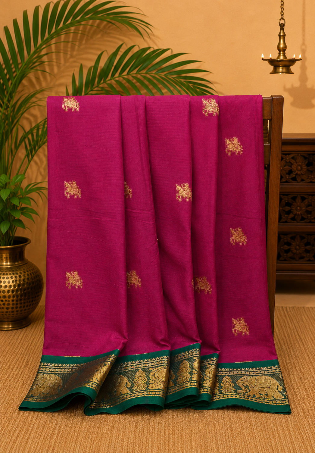 Chettinad Cotton Saree–Magenta with Elephant Zari Border
