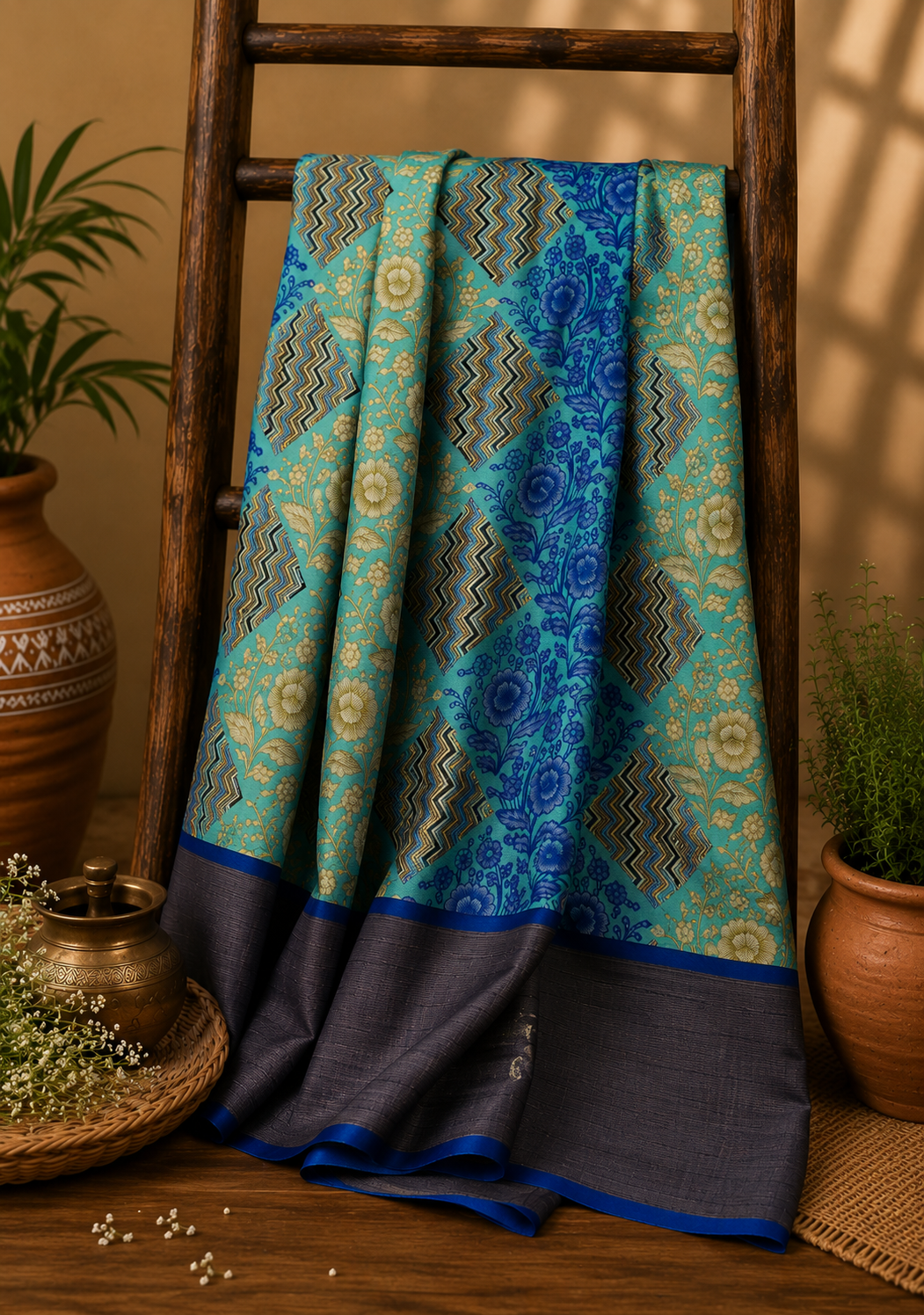 Pure Tussar Saree-Sky Blue with Green