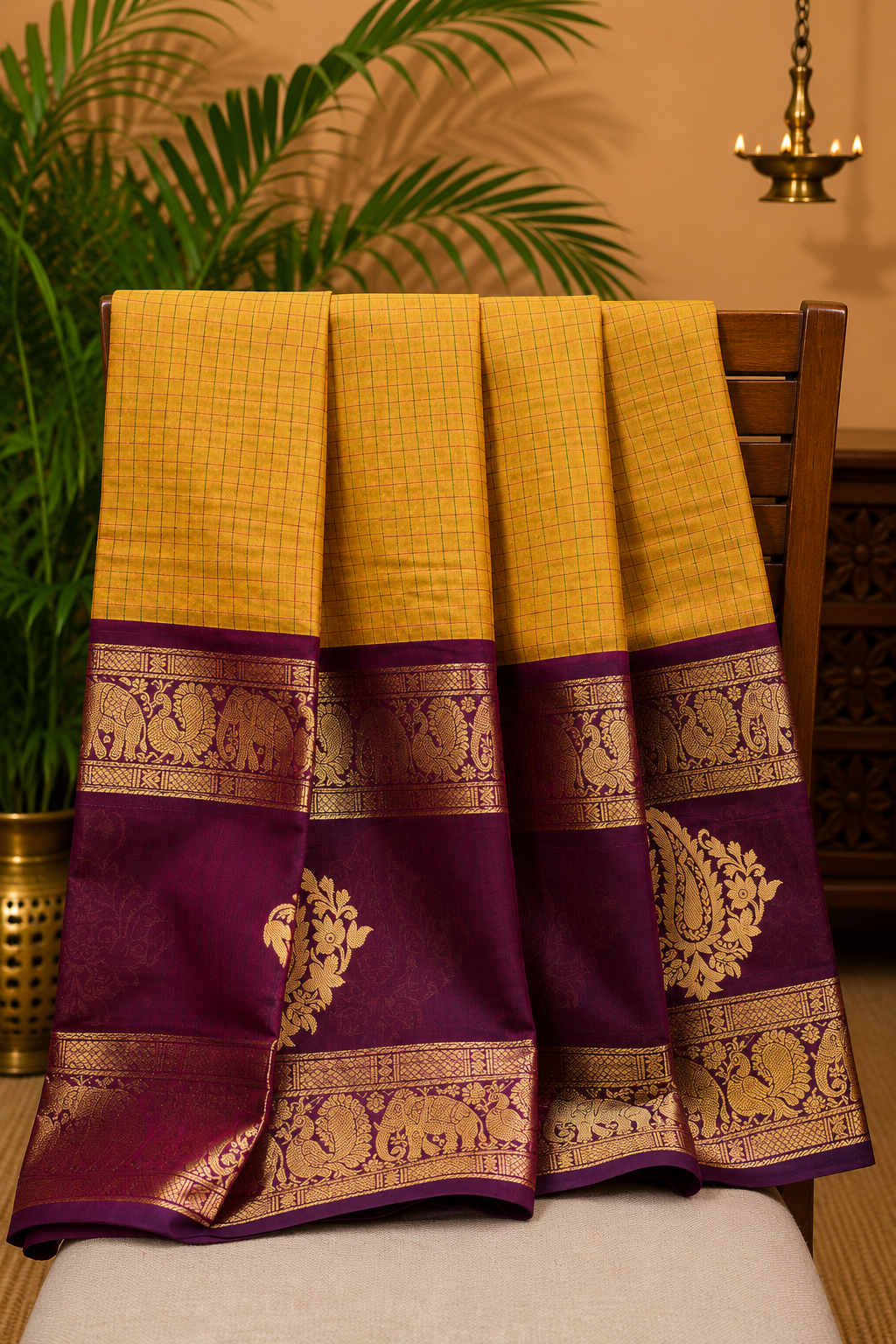 Chettinad Cotton Saree–Green-Wine With Elephant & Peacock Zari Border