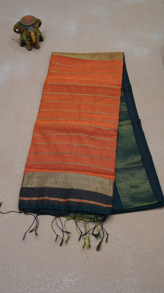 Maheswari Cotton Saree Plain-Bottle Green
