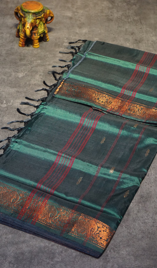 Vazhai Naaru Pattu Saree Small Border Peacock Blue to Bottle Green
