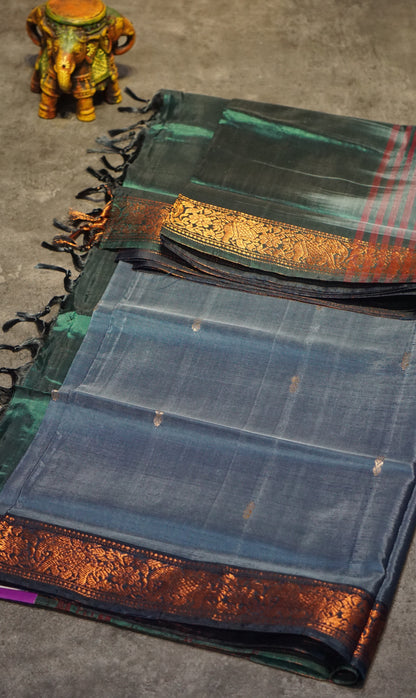 Vazhai Naaru Pattu Saree Small Border Peacock Blue to Bottle Green