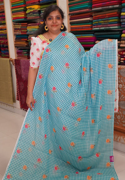 Linen Saree - Checks Sea Green