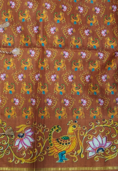 Premium Matka Tussar Saree-Pink with Contrast Border in Tanjore Print