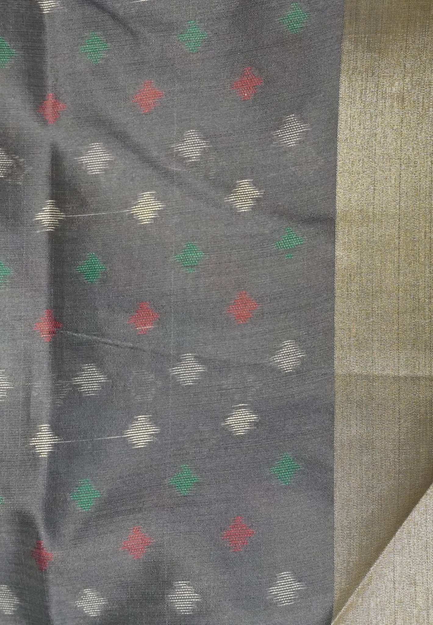 Raw Silk Saree - Greyish Blue with Patola Print