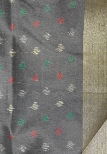 Raw Silk Saree - Greyish Blue with Patola Print