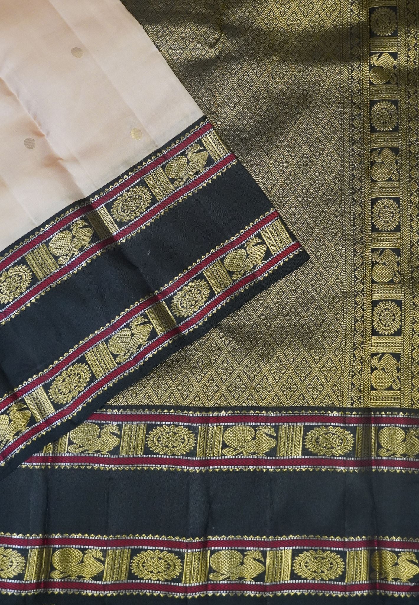 Pure Kanchipuram Silk Saree - Sandle-Black with Retapet Border