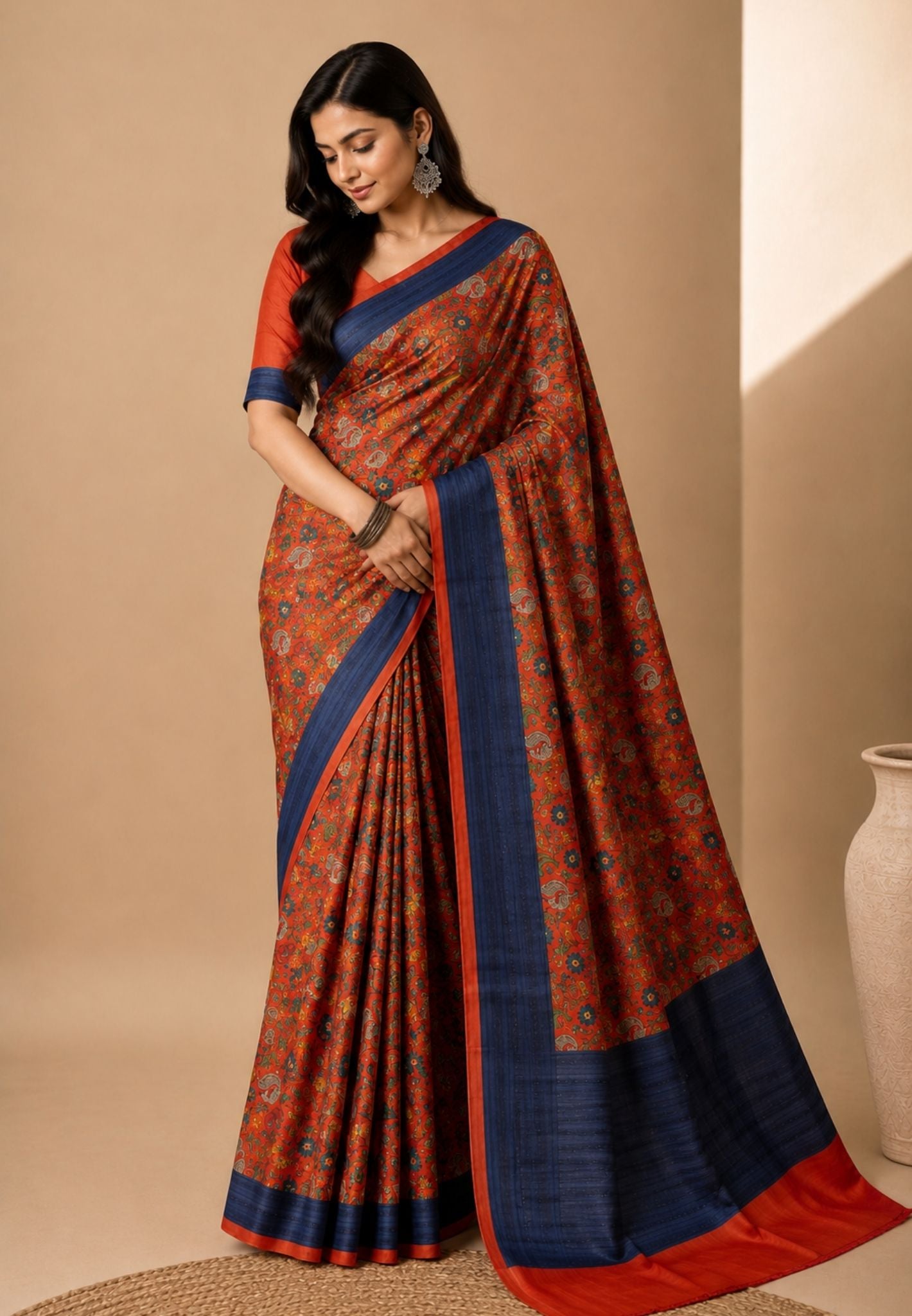 Pure Tussar Saree-Red with Contrast Border