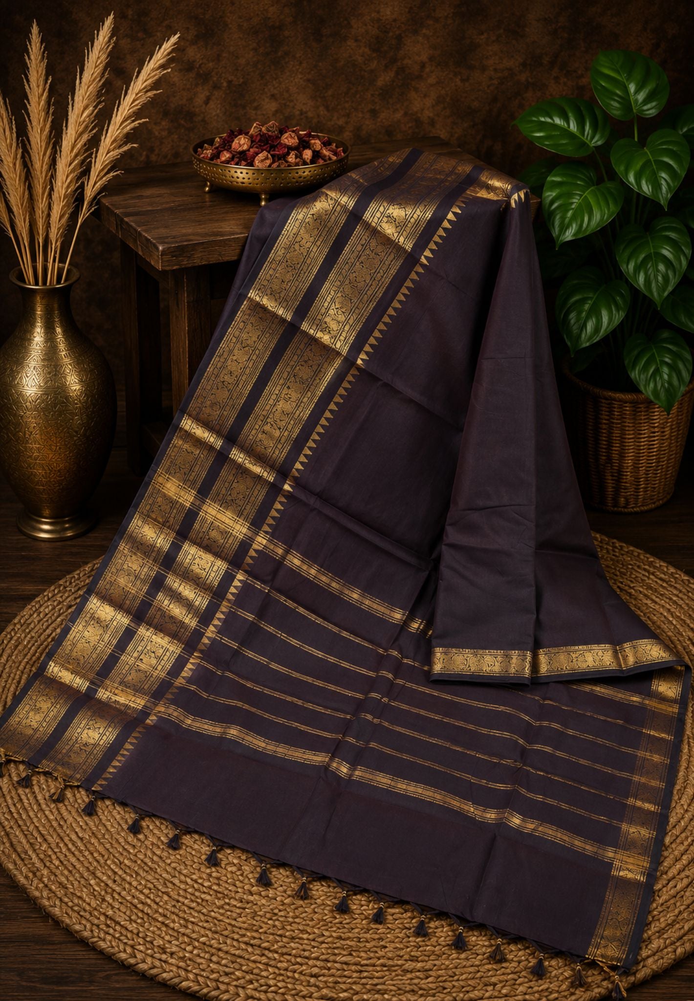 Chettinad Cotton Saree-Coffee Brown with Double Border
