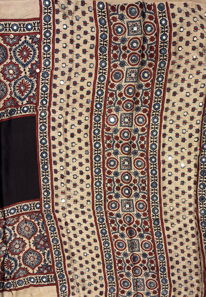 Pure Modal Silk Saree-Black Original Mirror Work & Ajrakh Printed Motifs