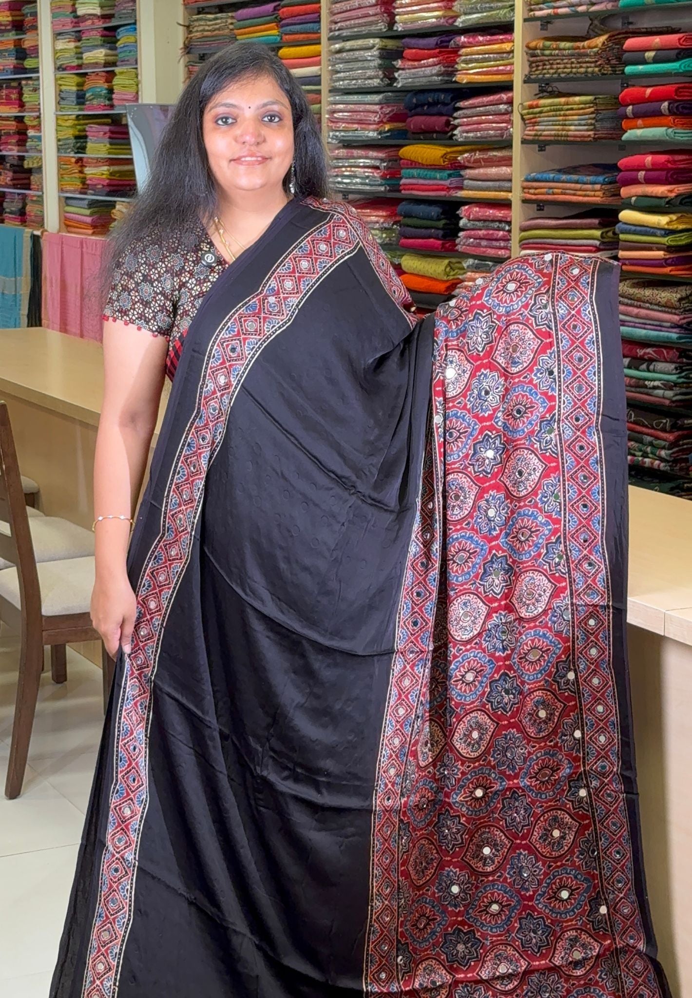 Pure Modal Silk Saree-Original Mirror Work &Traditional Printed Motifs - Black with Maroon