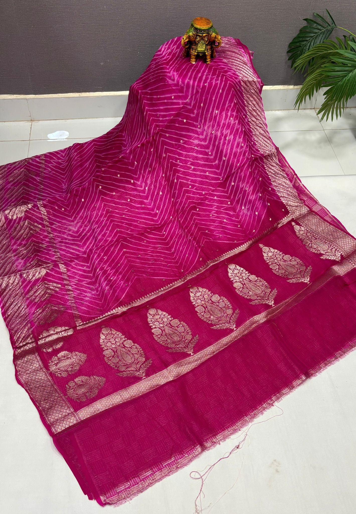 Pure Organza Tussar Saree-Rani Pink In Paisley Leaf Zari Border With Partly Pallu