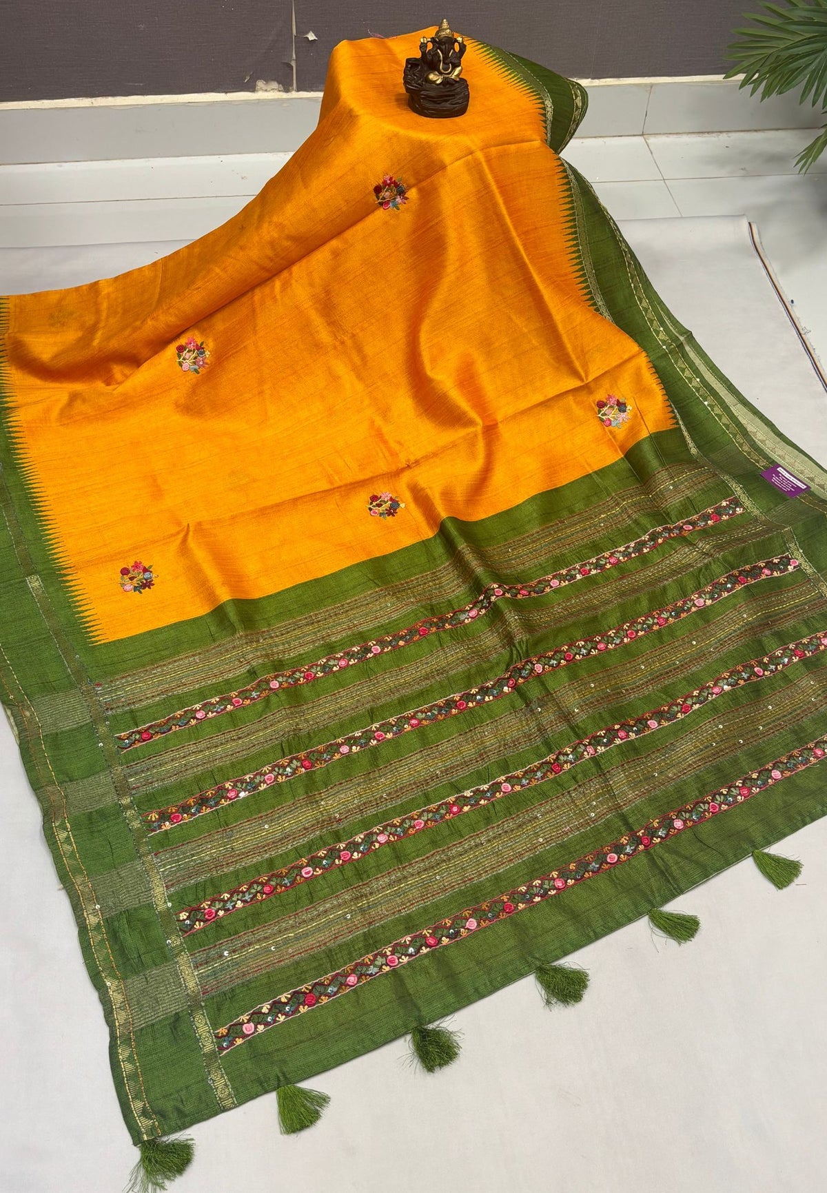 Jute Tussar Saree-Mango Yellow with Embriodery Floral Motif