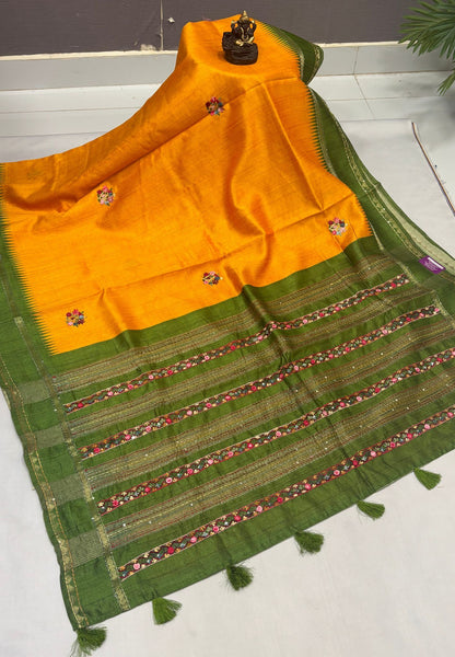Jute Tussar Saree-Mango Yellow with Embriodery Floral Motif
