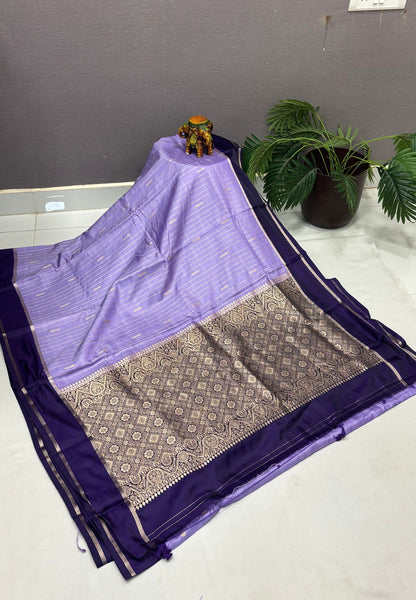 Gaji Silk Saree-Lavender in Intricate Geometric Floral Zari with Contrast Border