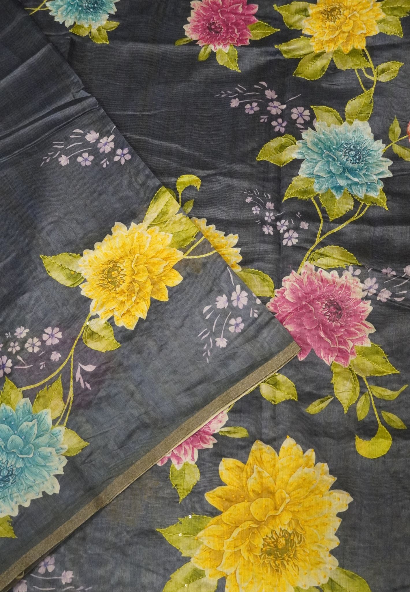 Chanderi Saree-Navy Blue with French Knot and Kantha Work