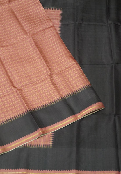 Semi Matka Tussar Saree-Onion Pink with Contrast Border and Zari Checks
