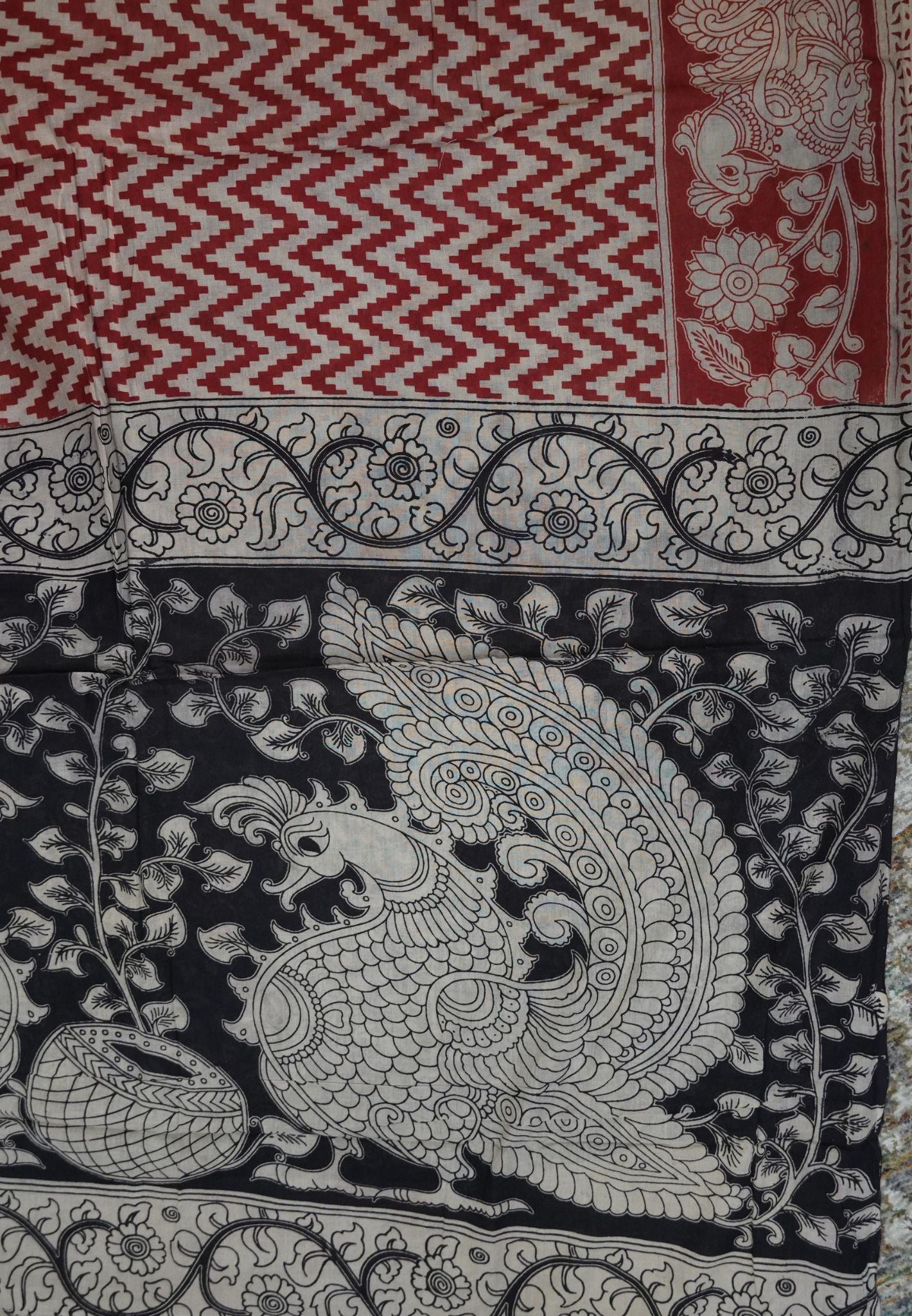Kalamkari Cotton Saree – Red & Ivory Heritage Print