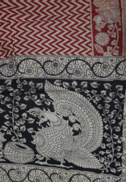 Kalamkari Cotton Saree – Red & Ivory Heritage Print