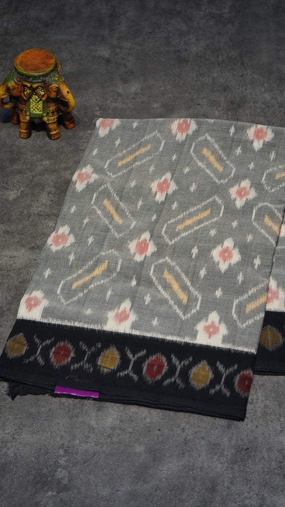 Pochampally Cotton double Ikkat Saree Grey - White