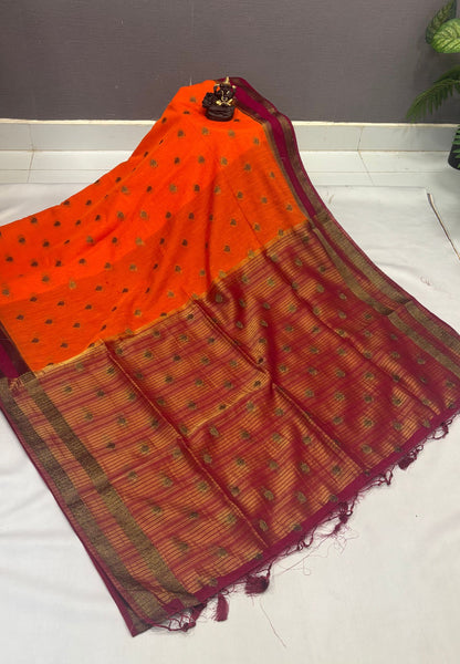 Soft Jute Saree-Orange-Wine With Rettapet Border