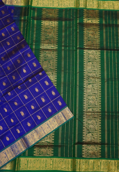 Pure Silk Cotton Saree – Blue with Buttas in Checked Pattern