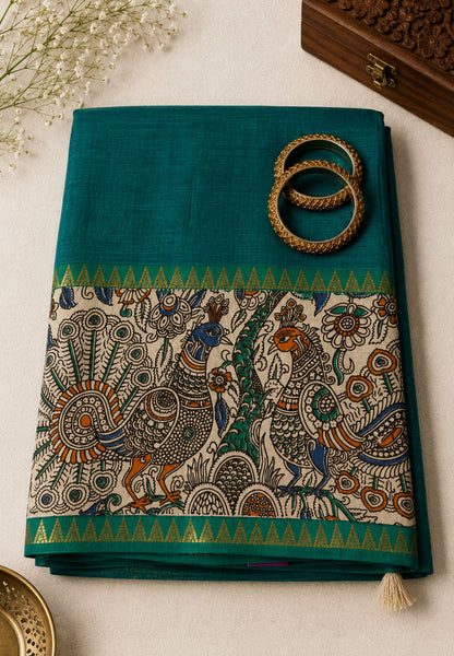 Kalamkari Silk Saree -Peacock Green