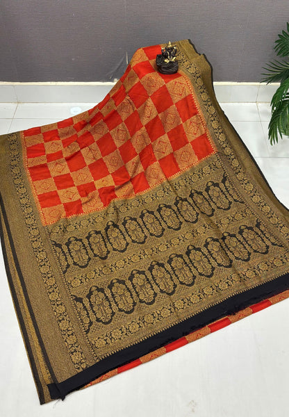 Banarasi Crepe Saree-Rust Orange In Square Check Brocade With Contrast Border
