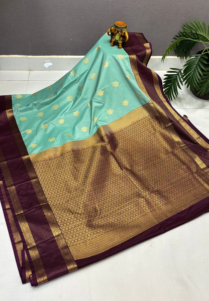 Budget Kanchipuram Saree-Sea Blue with Contrast Border