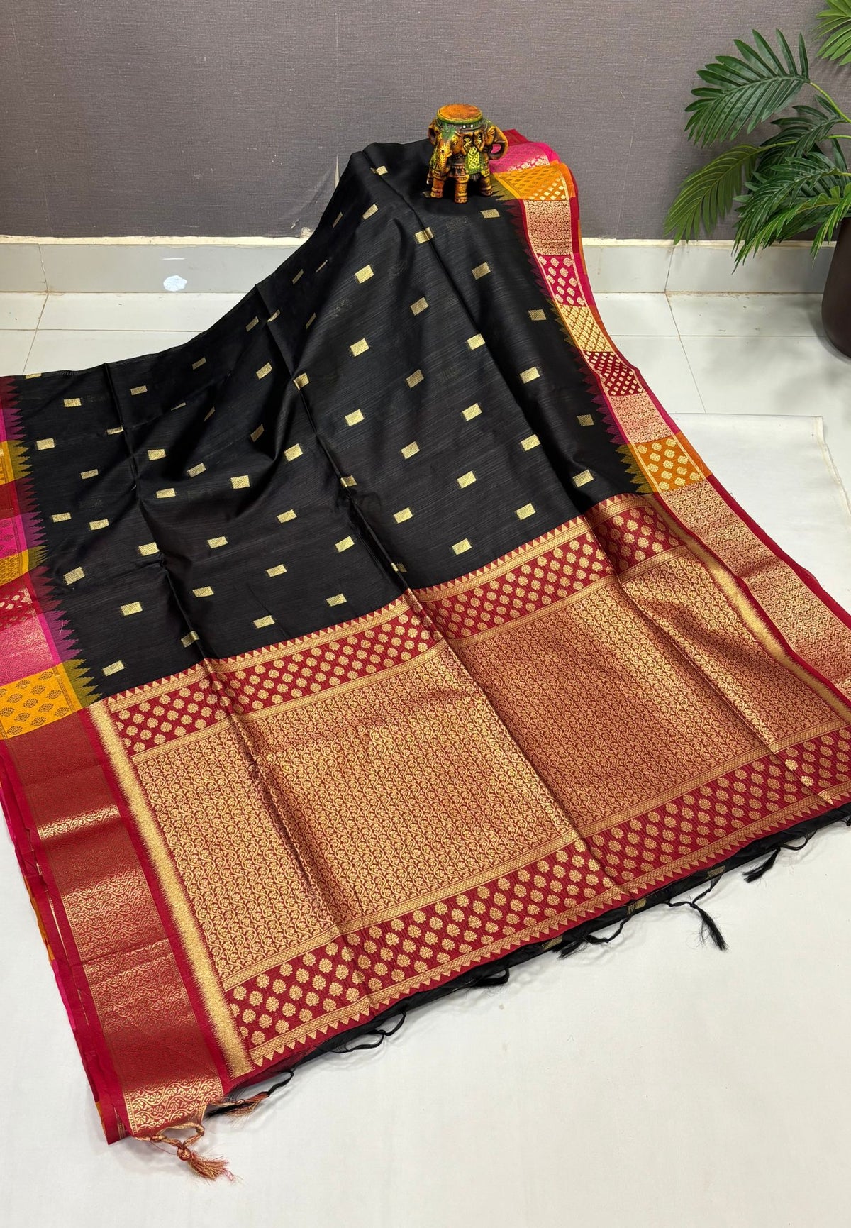 Raw Silk Saree-Black In Brocade Floral Panel Border