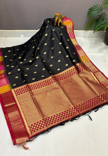 Raw Silk Saree-Black In Brocade Floral Panel Border