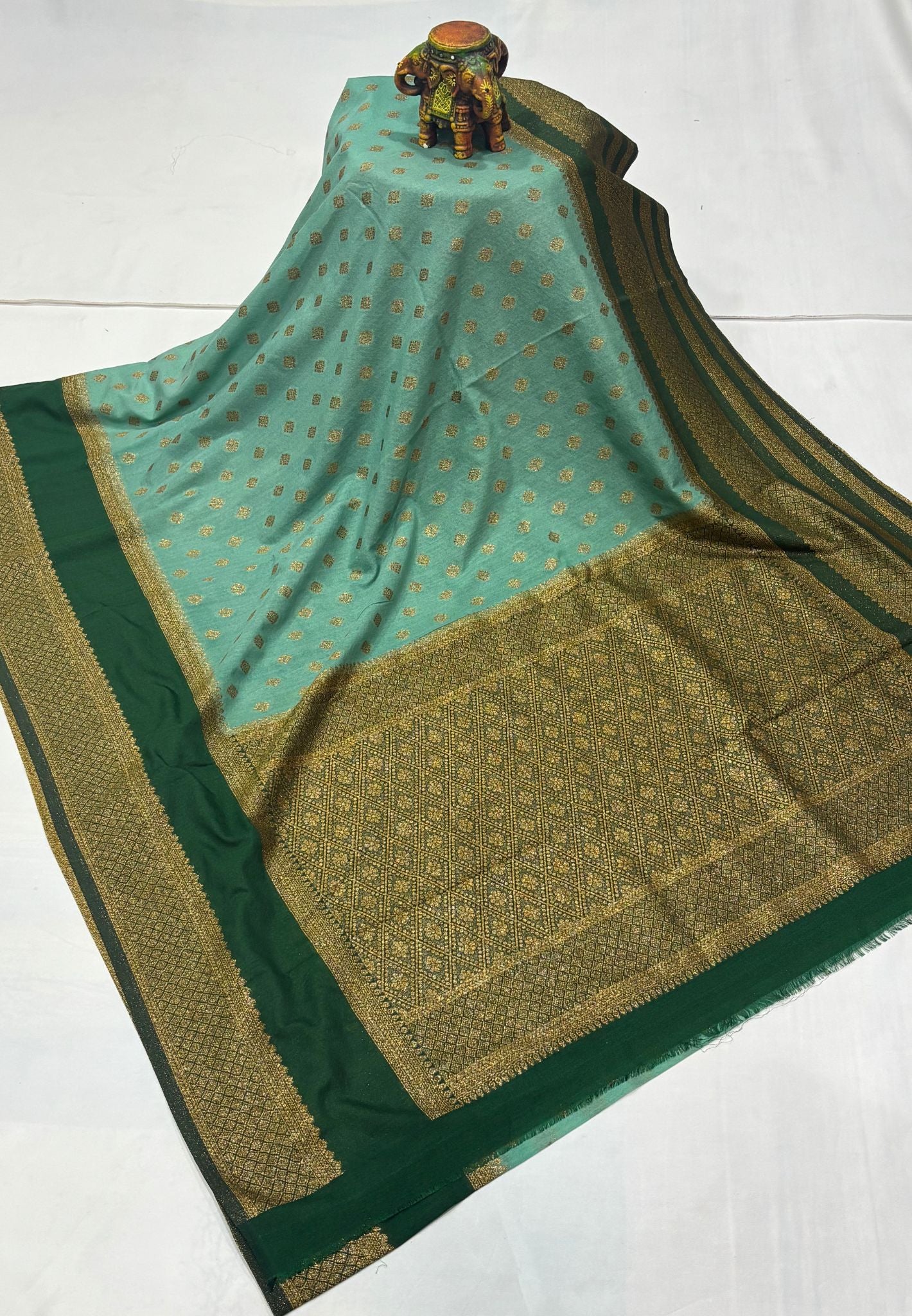 Banarasi Crepe Saree-Metallic Green in Mini Zari Butta with Retepet Border