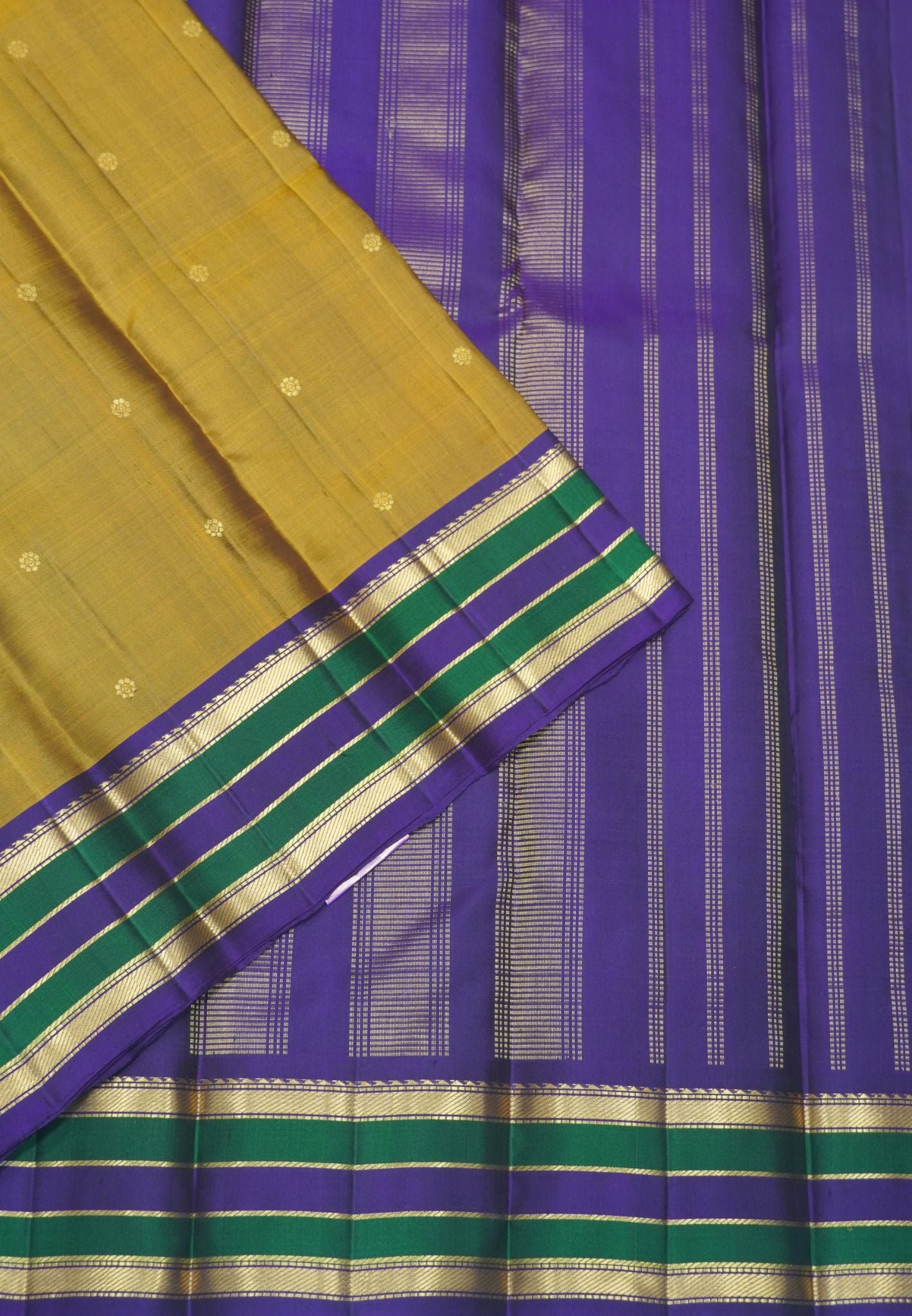 Pure Kanchipuram Silk Saree- Gold Small Butta with Contrast Border