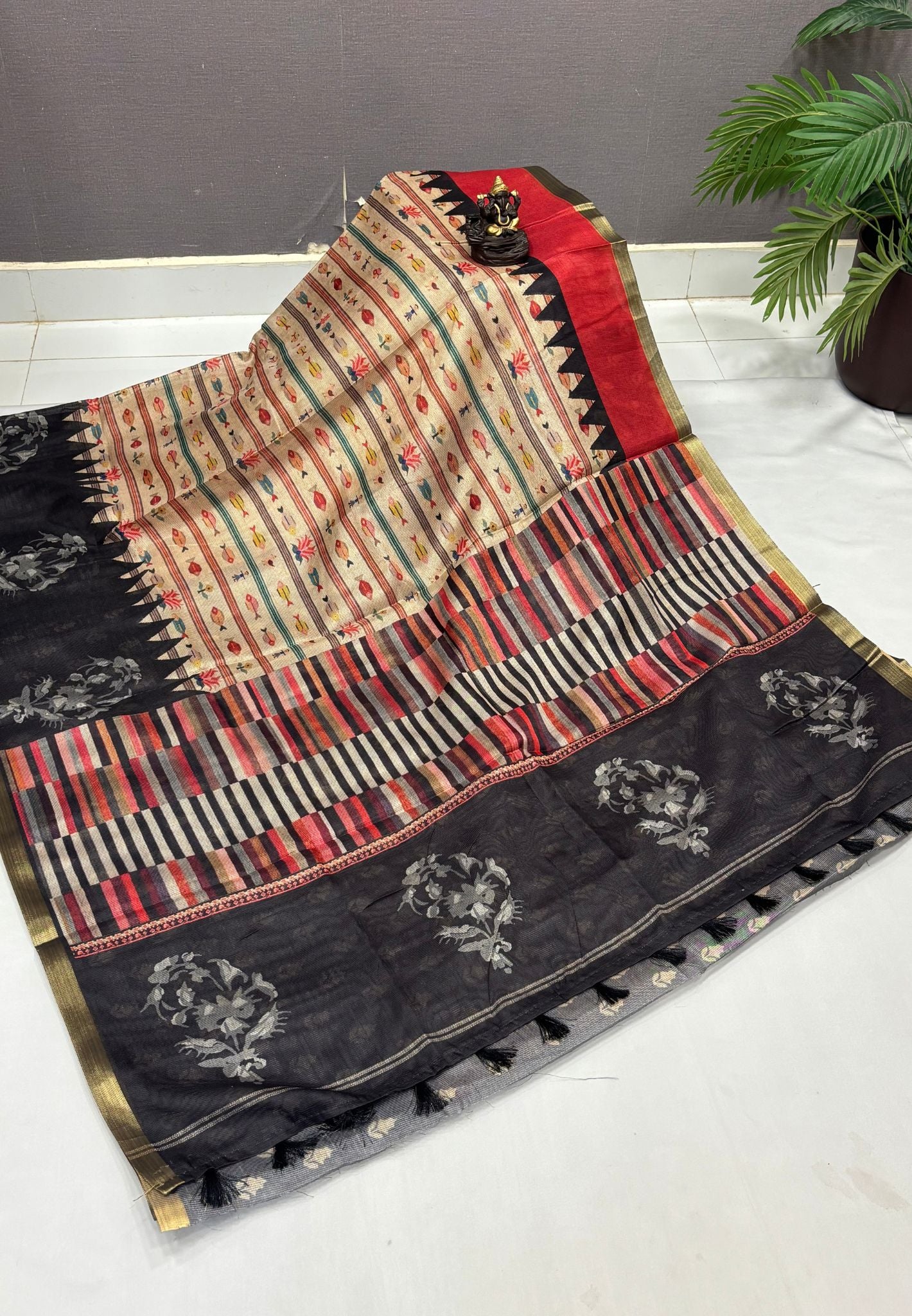 Kota Saree-Beige With Multicolour Striped Border
