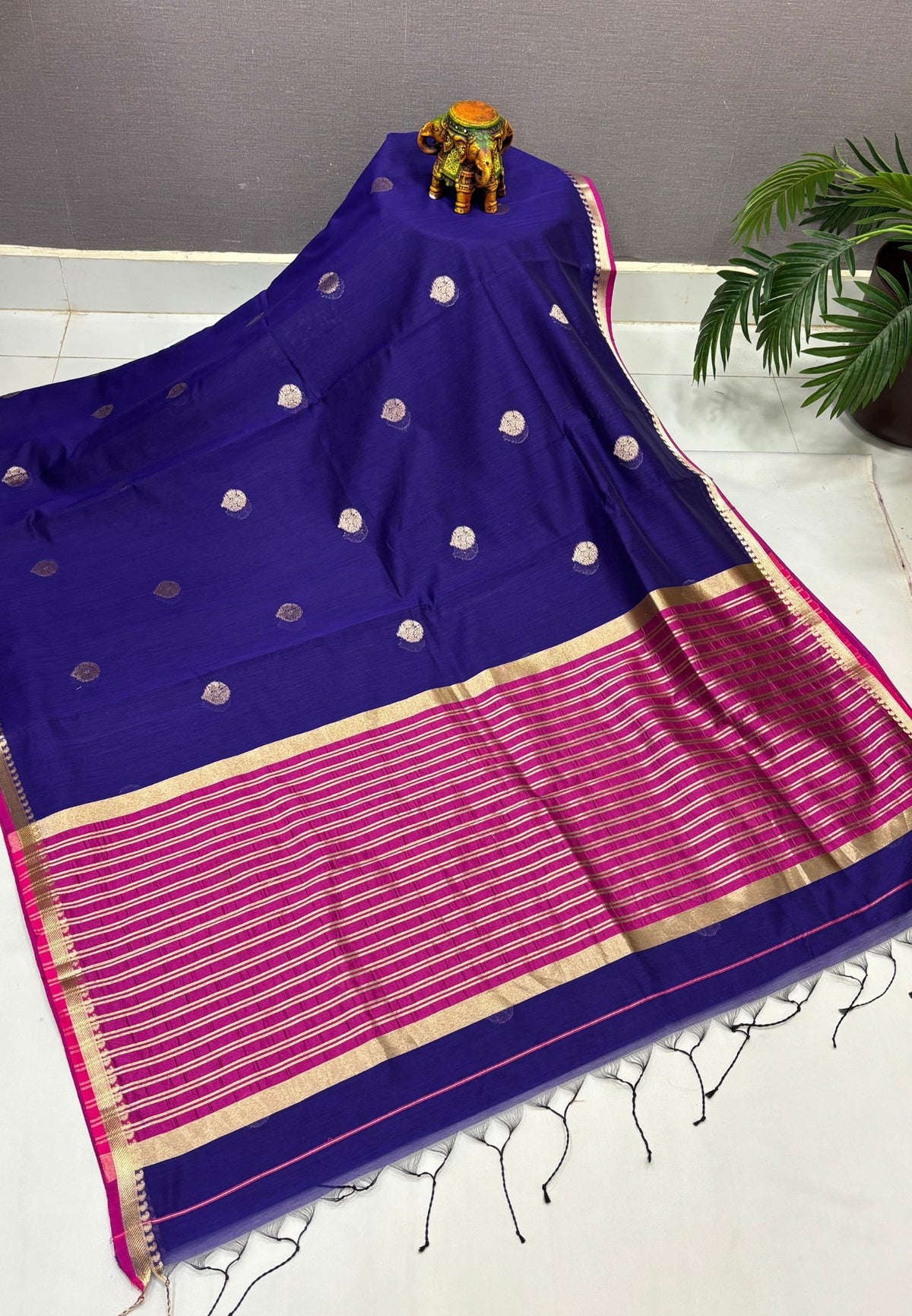 Semi Maheswari Saree-Violet In Golden Stripe Border