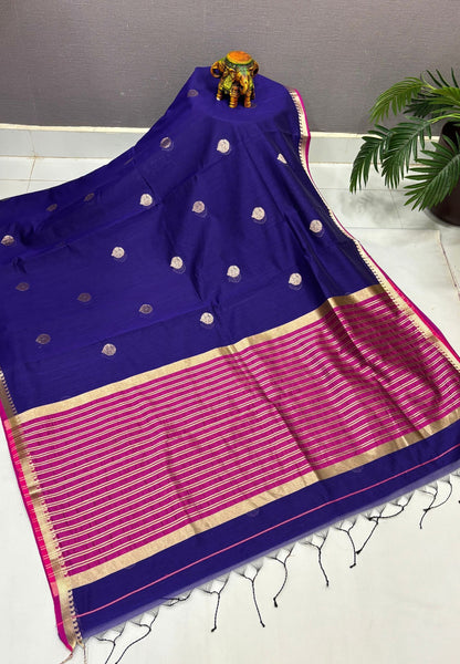 Semi Maheswari Saree-Violet In Golden Stripe Border