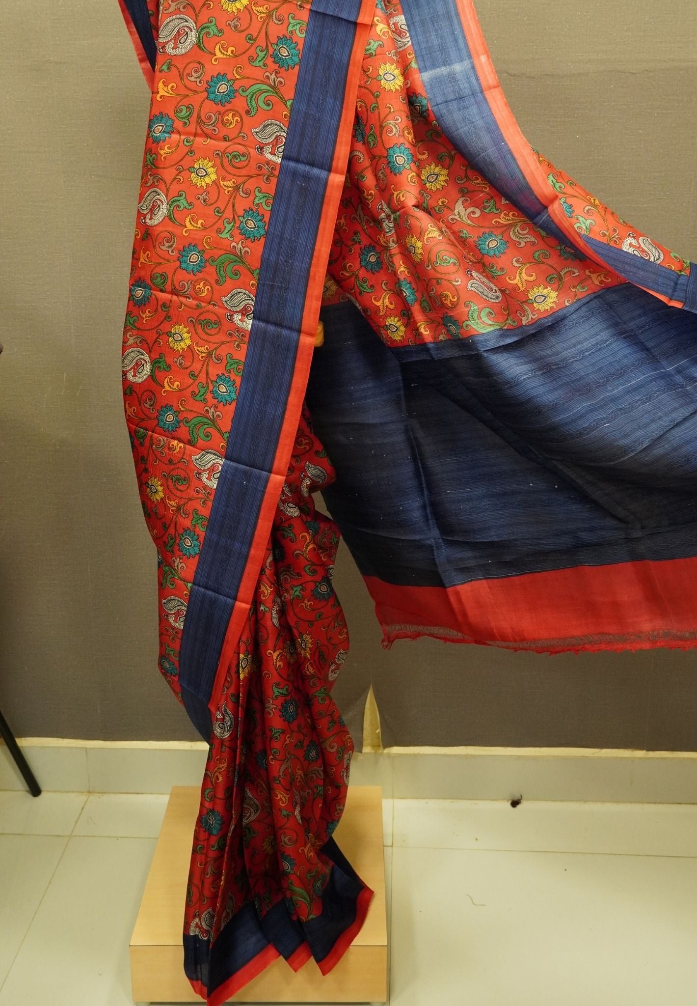 Pure Tussar Saree-Red with Contrast Border