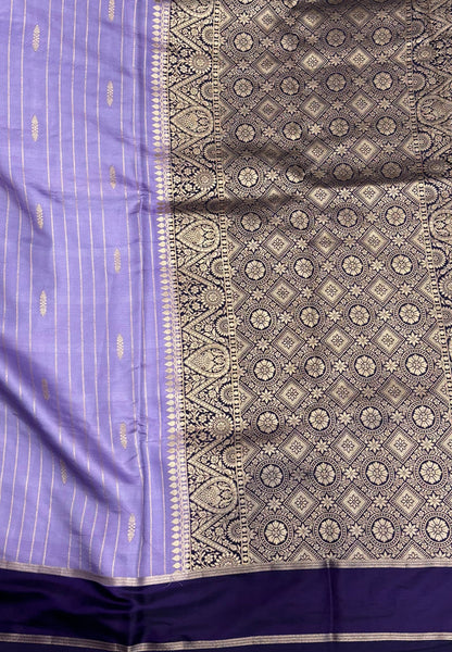 Gaji Silk Saree-Lavender in Intricate Geometric Floral Zari with Contrast Border