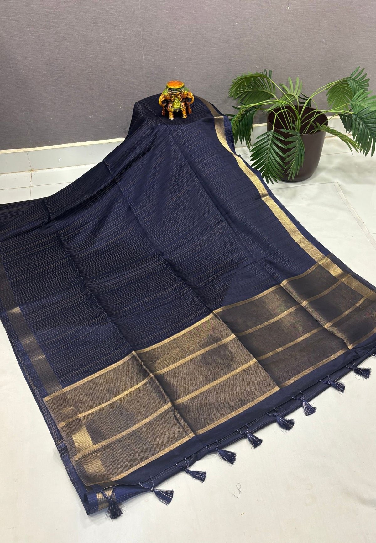Matka Tussar Saree-Elegant Handwoven Saree with Navy Blue in  Fine Zari Stripes