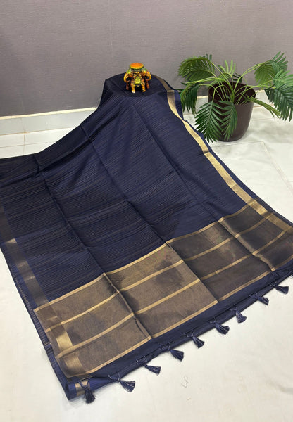 Matka Tussar Saree-Elegant Handwoven Saree with Navy Blue in  Fine Zari Stripes